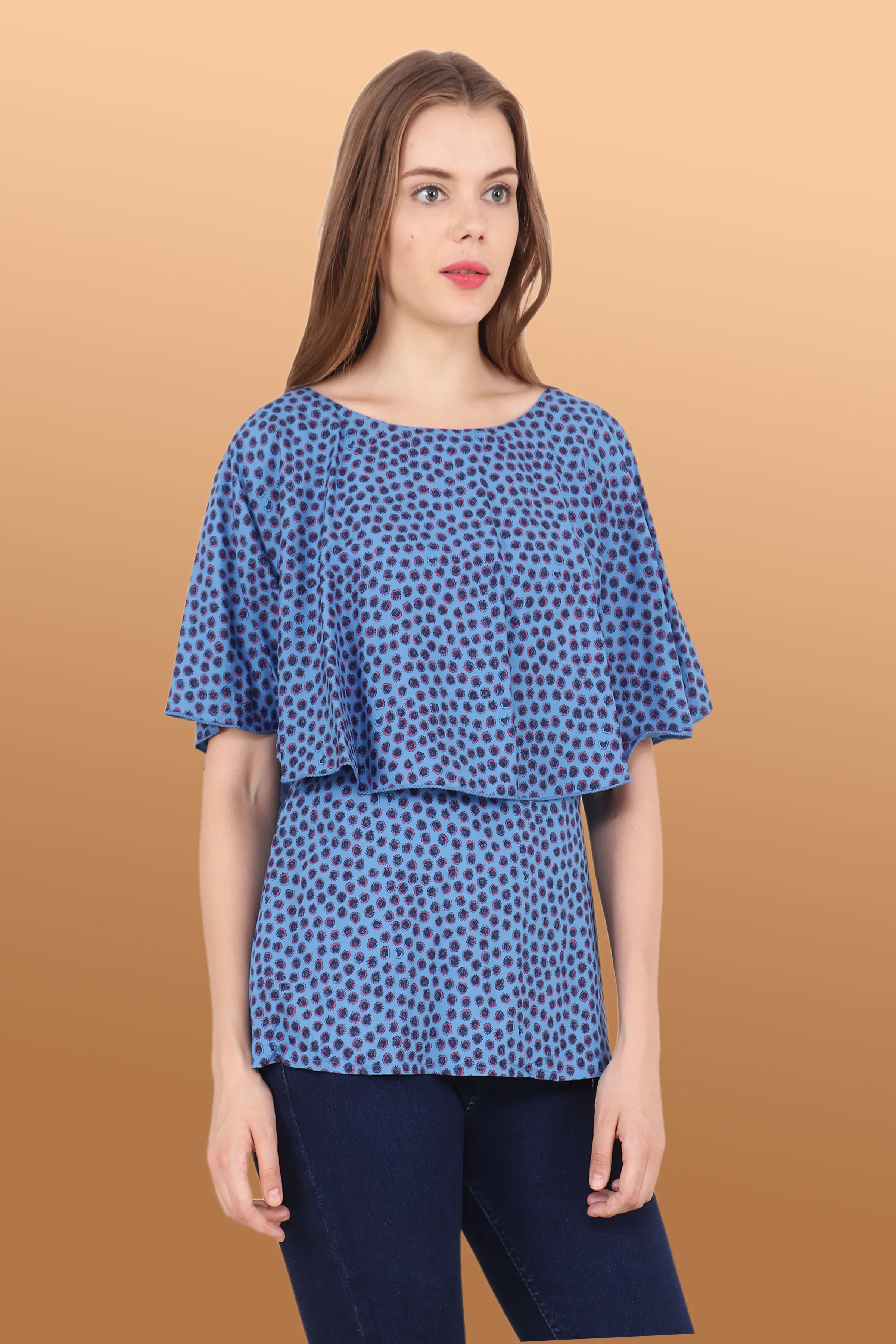 Blue Printed Cape Top