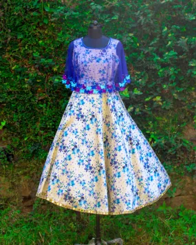 Blue Printed Gown With Butterfly Cape