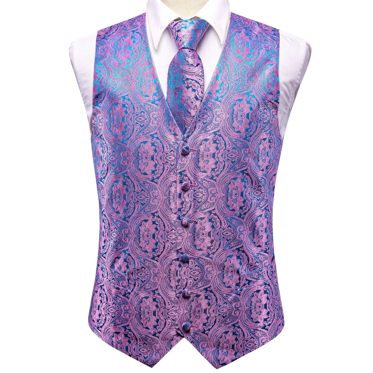 Blue Purple Paisley Jacquard Silk Men's Vest Hanky Cufflinks Tie Set