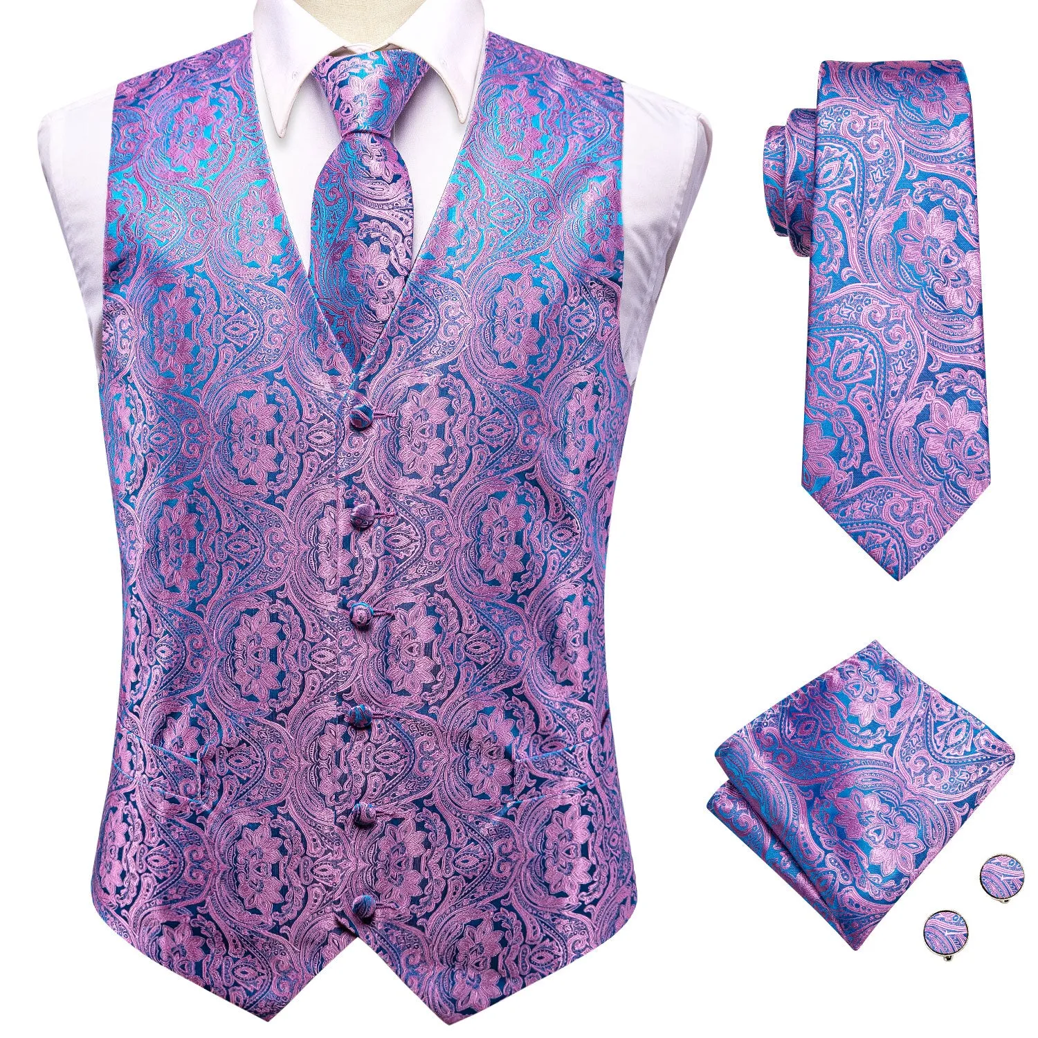 Blue Purple Paisley Jacquard Silk Men's Vest Hanky Cufflinks Tie Set