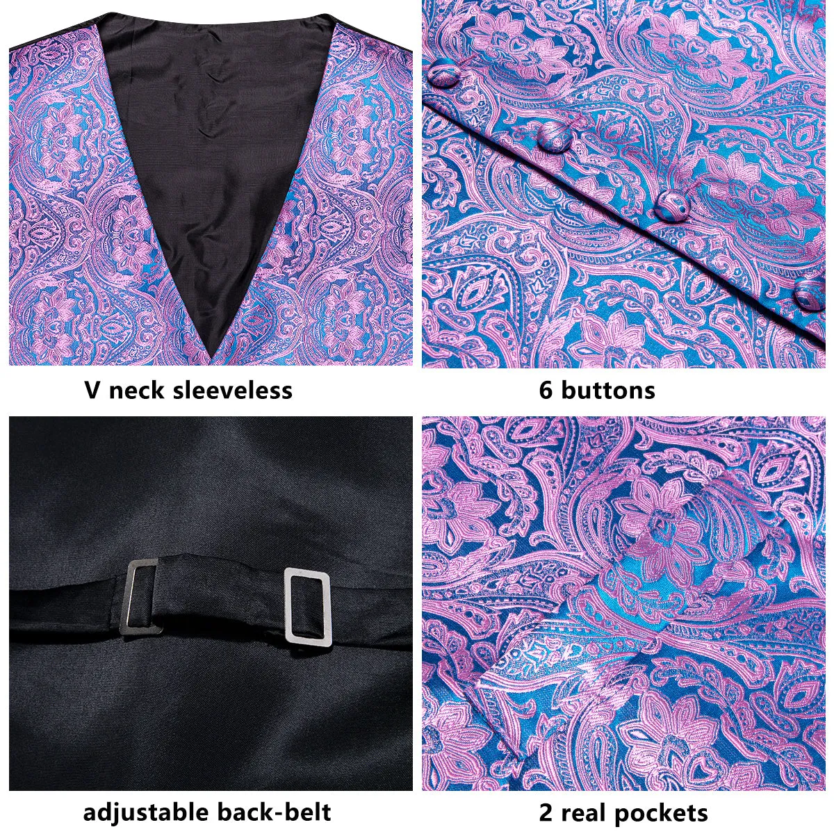 Blue Purple Paisley Jacquard Silk Men's Vest Hanky Cufflinks Tie Set