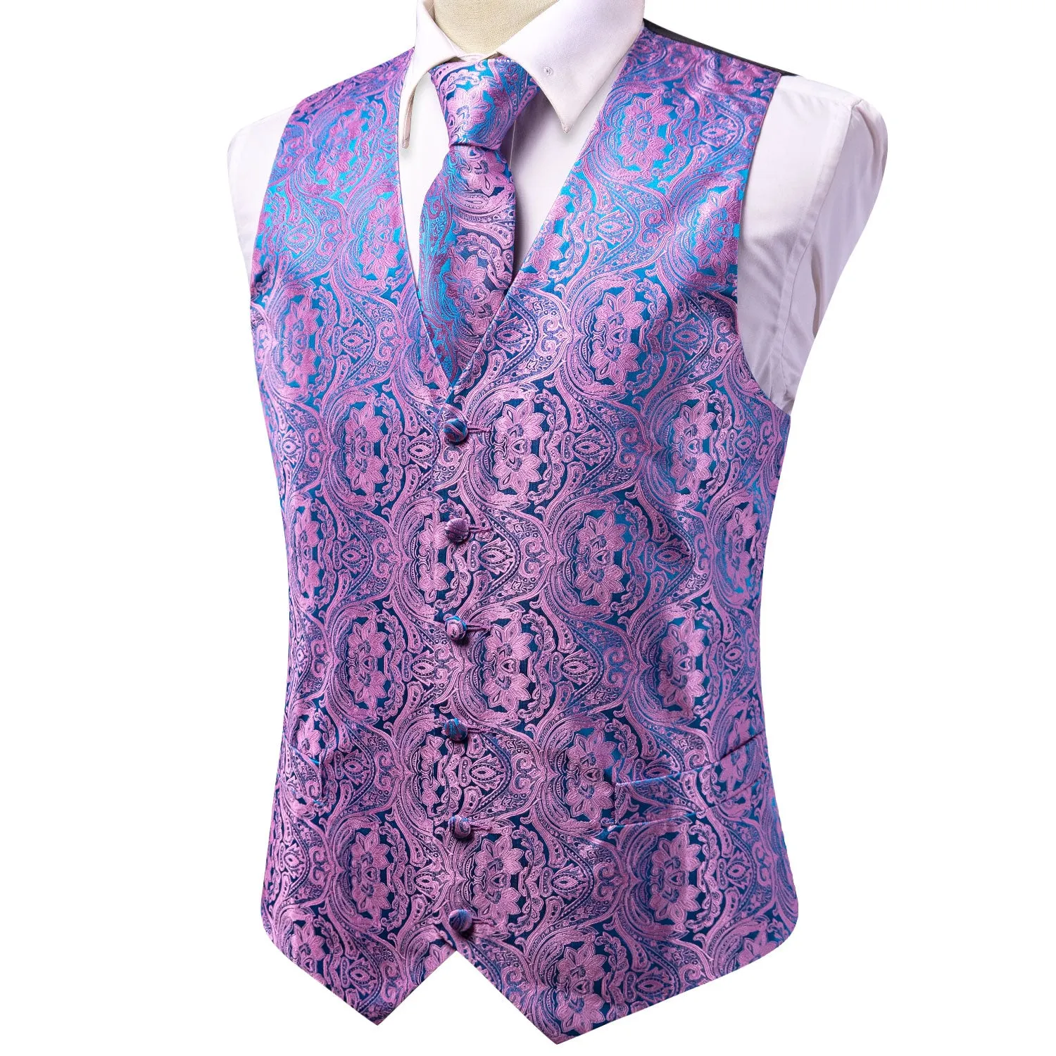 Blue Purple Paisley Jacquard Silk Men's Vest Hanky Cufflinks Tie Set