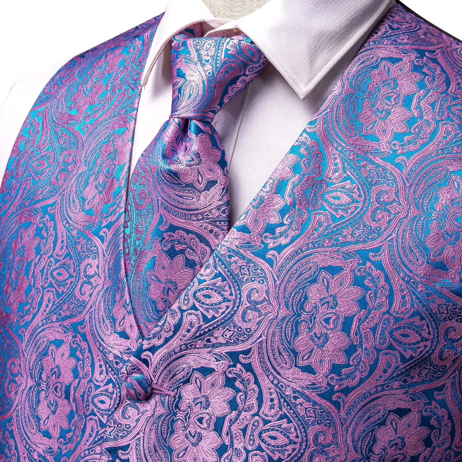 Blue Purple Paisley Jacquard Silk Men's Vest Hanky Cufflinks Tie Set