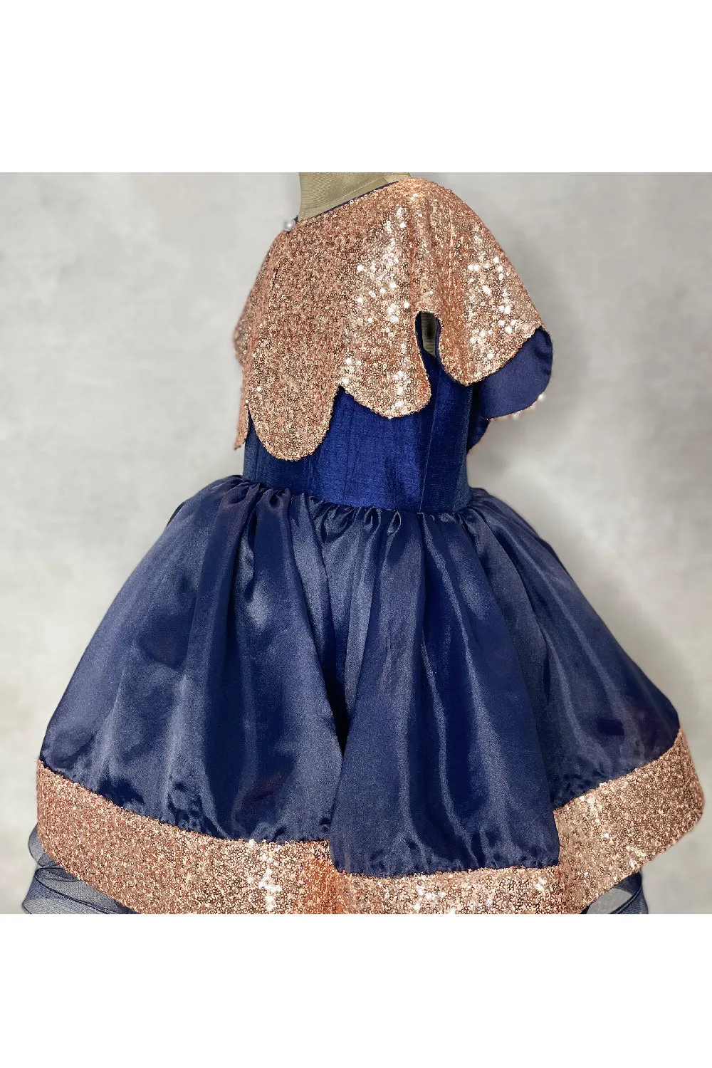 Blue Satin Dress With Sequined Cape