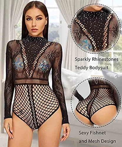 Bommi Fairy Women Bodysuit Fishnet Lingerie Sparkly Rhinestone Sexy Long Sleeve Mesh Bodycon Lingerie