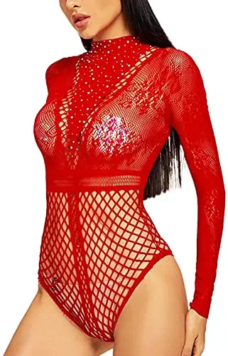 Bommi Fairy Women Bodysuit Fishnet Lingerie Sparkly Rhinestone Sexy Long Sleeve Mesh Bodycon Lingerie