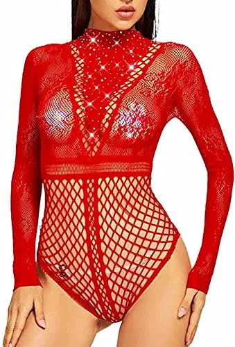 Bommi Fairy Women Bodysuit Fishnet Lingerie Sparkly Rhinestone Sexy Long Sleeve Mesh Bodycon Lingerie