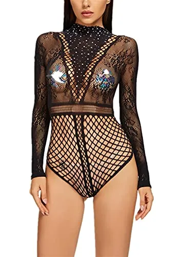 Bommi Fairy Women Bodysuit Fishnet Lingerie Sparkly Rhinestone Sexy Long Sleeve Mesh Bodycon Lingerie