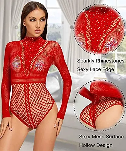 Bommi Fairy Women Bodysuit Fishnet Lingerie Sparkly Rhinestone Sexy Long Sleeve Mesh Bodycon Lingerie