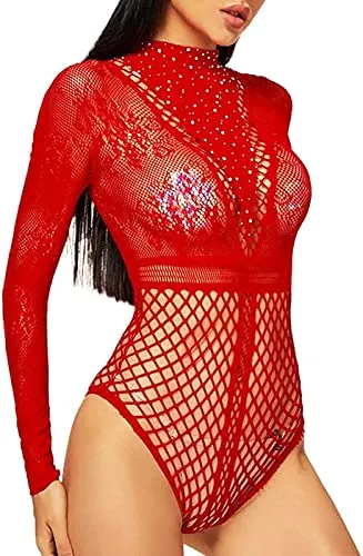 Bommi Fairy Women Bodysuit Fishnet Lingerie Sparkly Rhinestone Sexy Long Sleeve Mesh Bodycon Lingerie