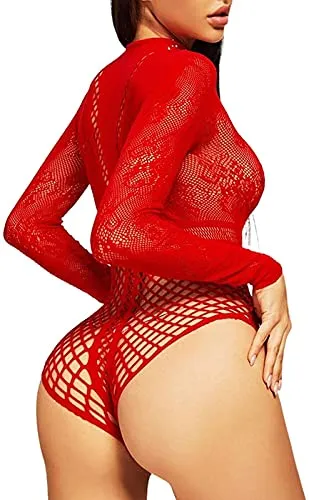 Bommi Fairy Women Bodysuit Fishnet Lingerie Sparkly Rhinestone Sexy Long Sleeve Mesh Bodycon Lingerie