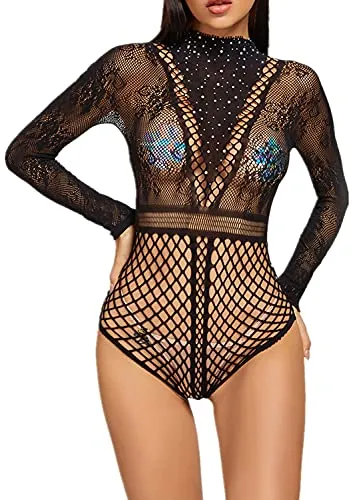 Bommi Fairy Women Bodysuit Fishnet Lingerie Sparkly Rhinestone Sexy Long Sleeve Mesh Bodycon Lingerie