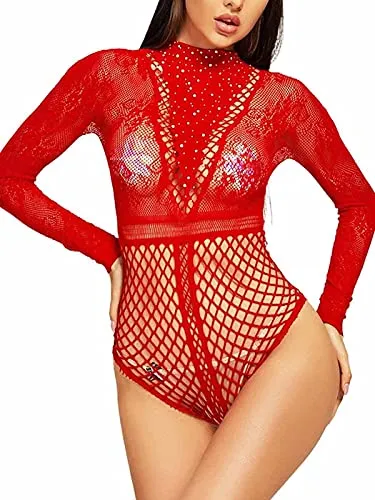 Bommi Fairy Women Bodysuit Fishnet Lingerie Sparkly Rhinestone Sexy Long Sleeve Mesh Bodycon Lingerie