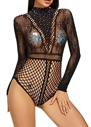 Bommi Fairy Women Bodysuit Fishnet Lingerie Sparkly Rhinestone Sexy Long Sleeve Mesh Bodycon Lingerie