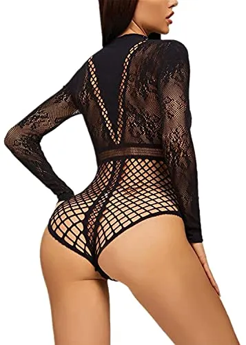 Bommi Fairy Women Bodysuit Fishnet Lingerie Sparkly Rhinestone Sexy Long Sleeve Mesh Bodycon Lingerie