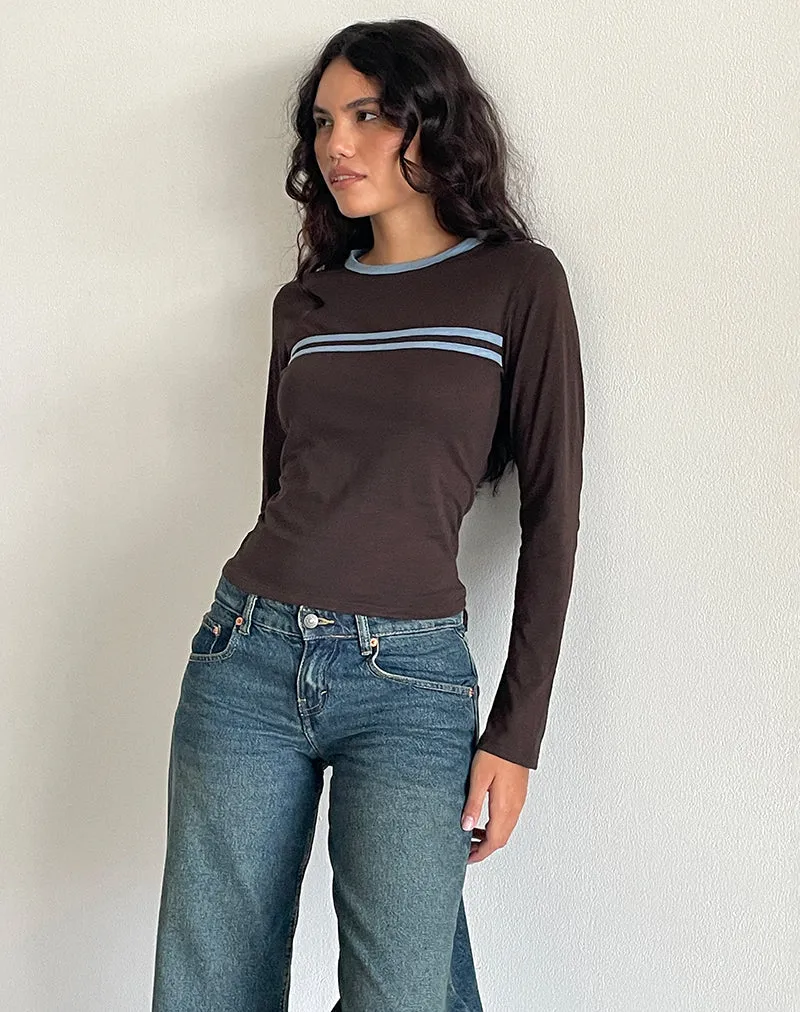 Bonjita Long Sleeve Top in Chocolate Brown with Ash Blue Two Stripe Binding