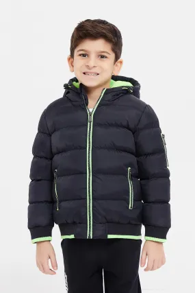 Boys Black Puffer Jacket With Neon Green Detail