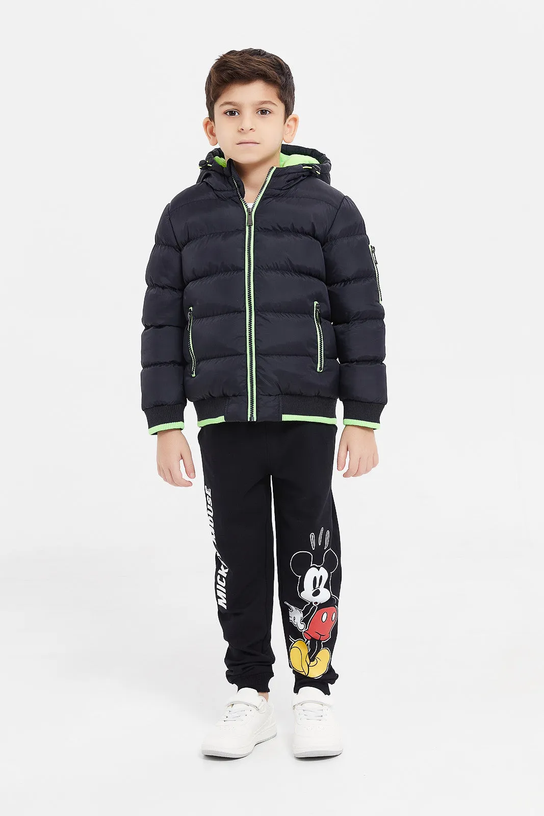 Boys Black Puffer Jacket With Neon Green Detail