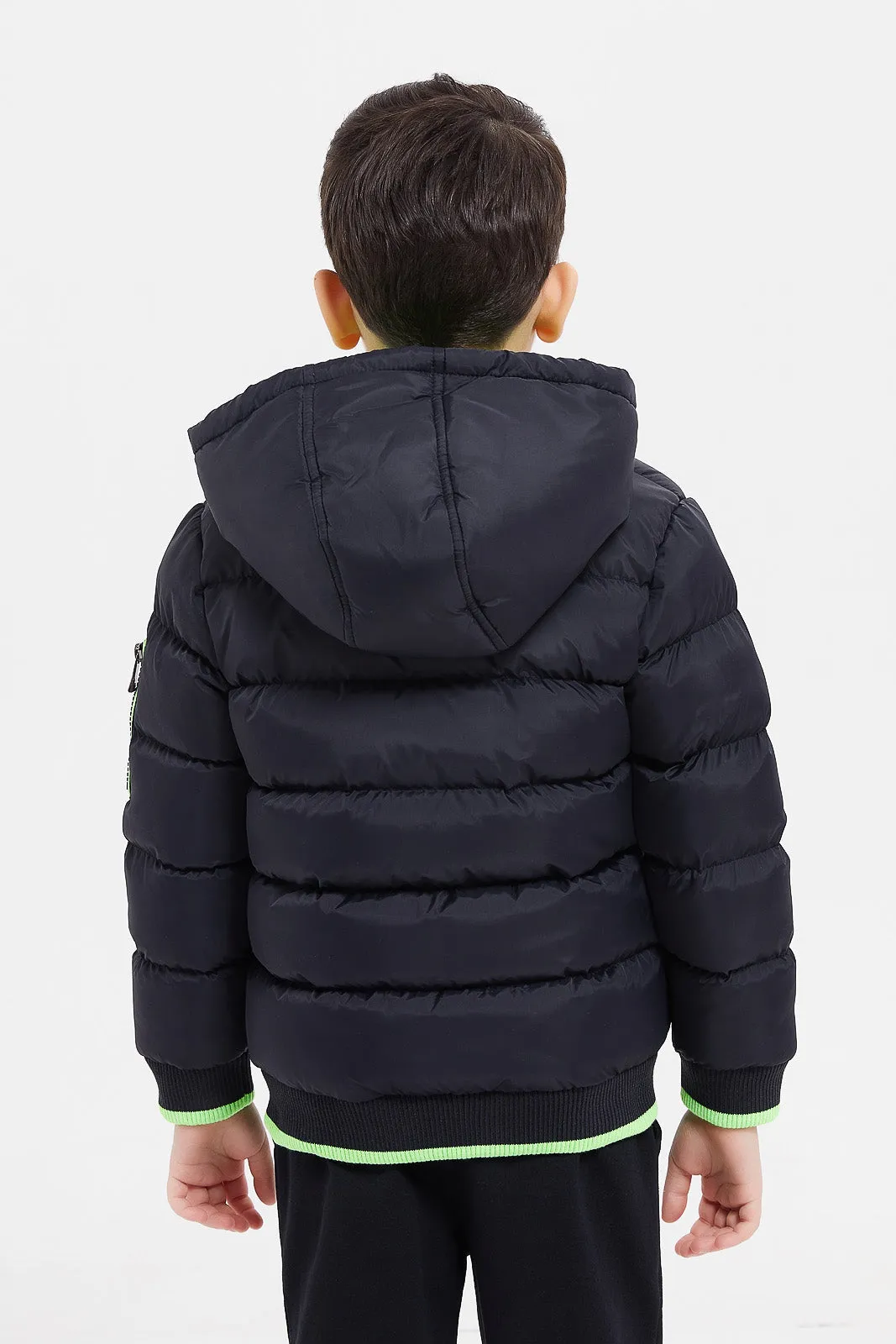 Boys Black Puffer Jacket With Neon Green Detail