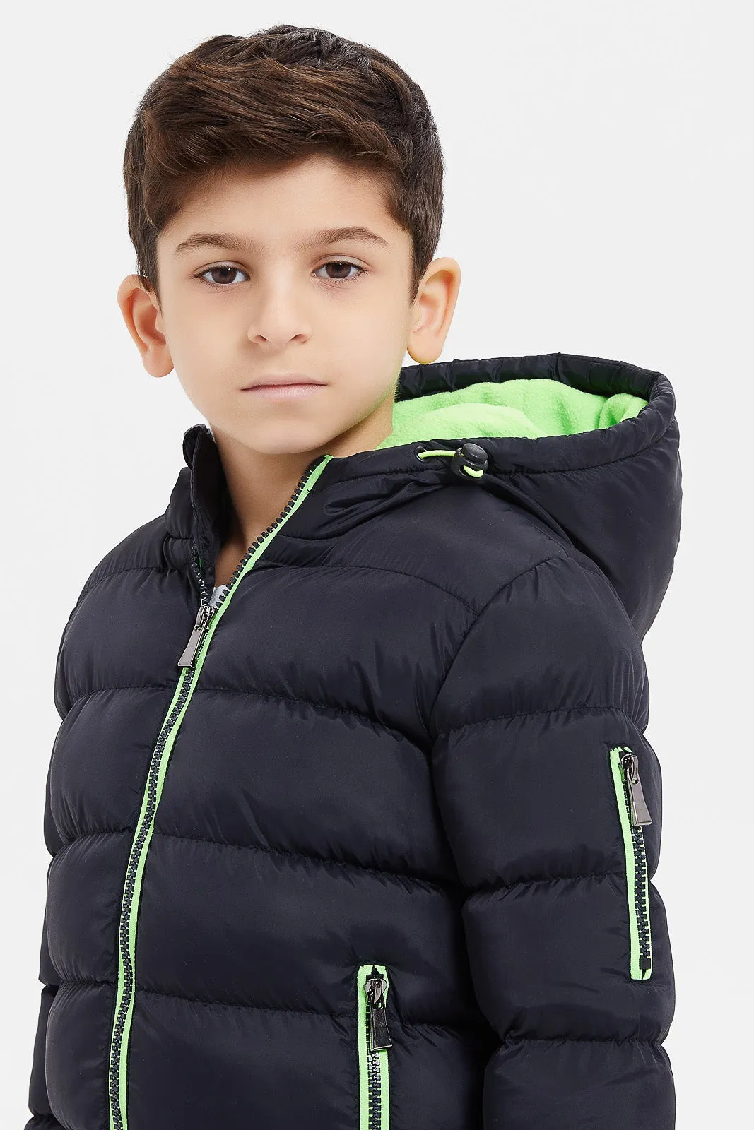 Boys Black Puffer Jacket With Neon Green Detail