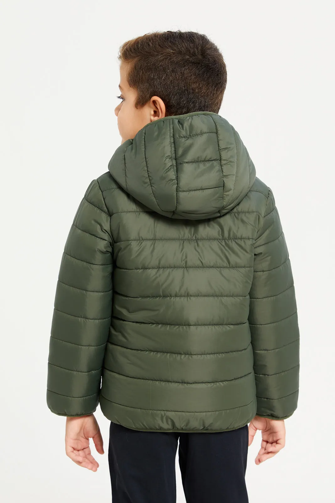 Boys Olive Puffer Jacket With Sherpa Lining