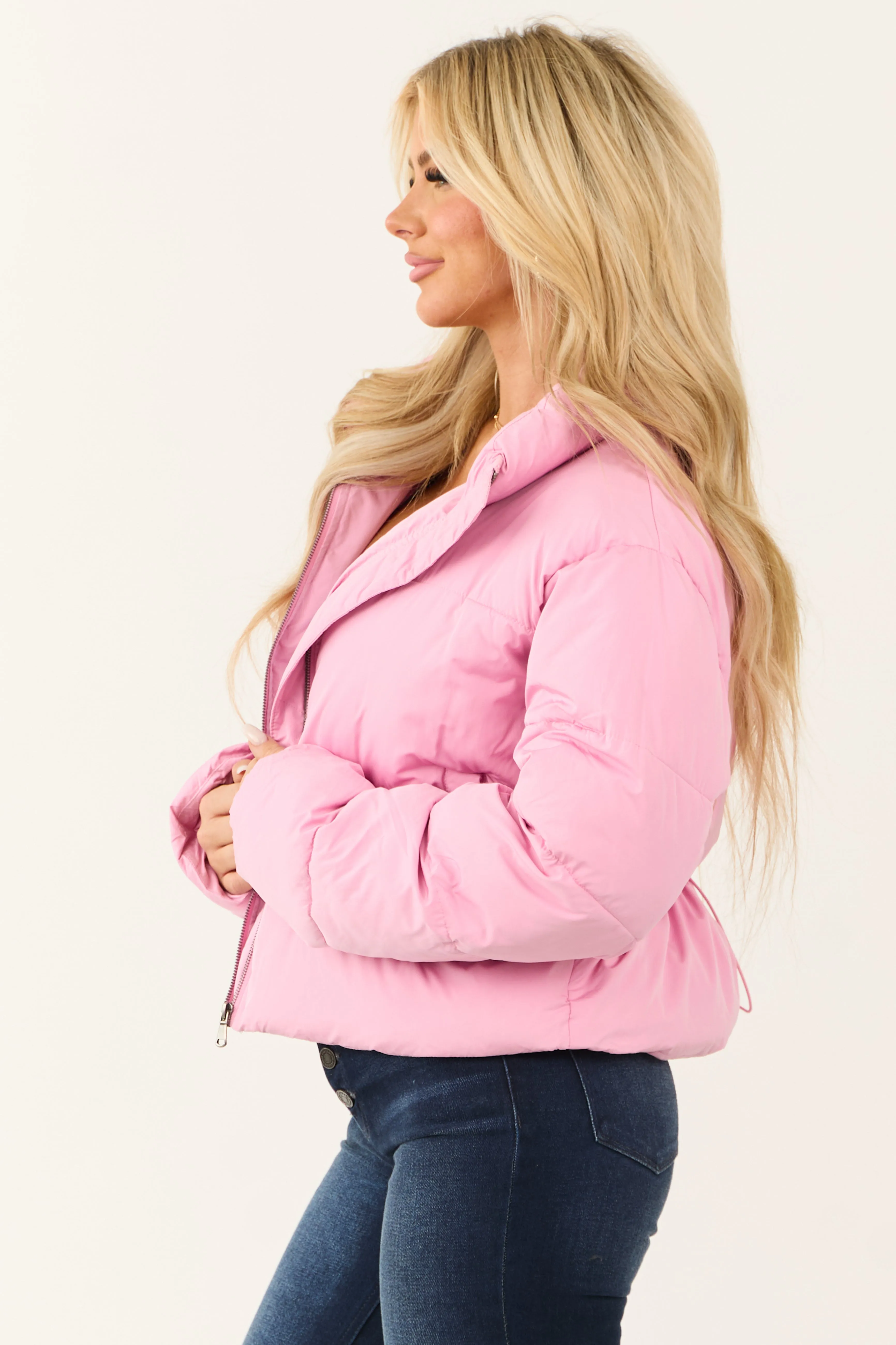 Bubblegum Zip Up Collared Quilted Puffer Jacket