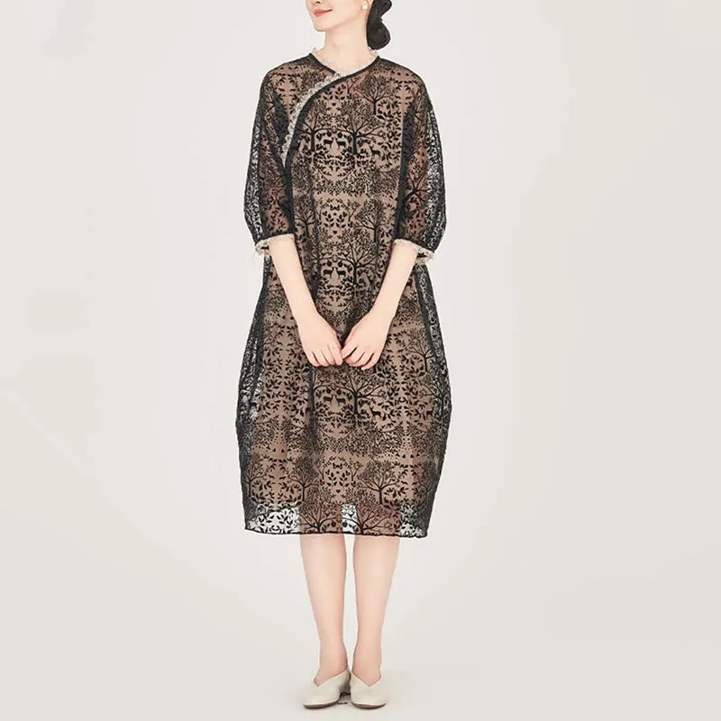 Buddha Stones 2Pcs Casual Tree Pattern Women's Mid Sleeve Cheongsam Dress