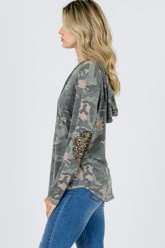 Camo Hoodie With Sequined Elbow Patches - Olive