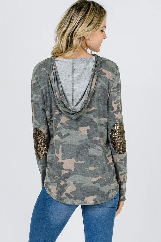 Camo Hoodie With Sequined Elbow Patches - Olive