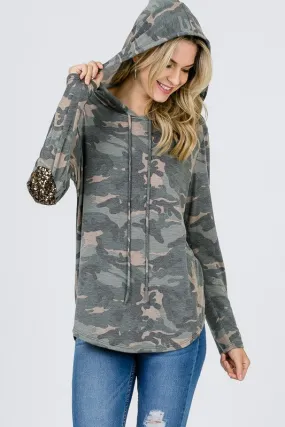 Camo Hoodie With Sequined Elbow Patches - Olive