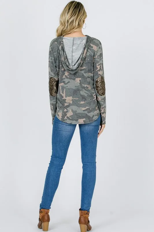 Camo Hoodie With Sequined Elbow Patches - Olive