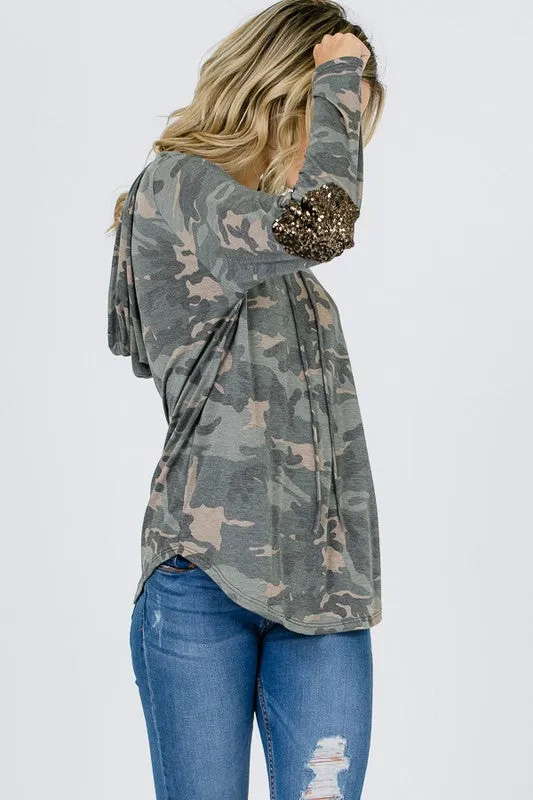 Camo Hoodie With Sequined Elbow Patches - Olive