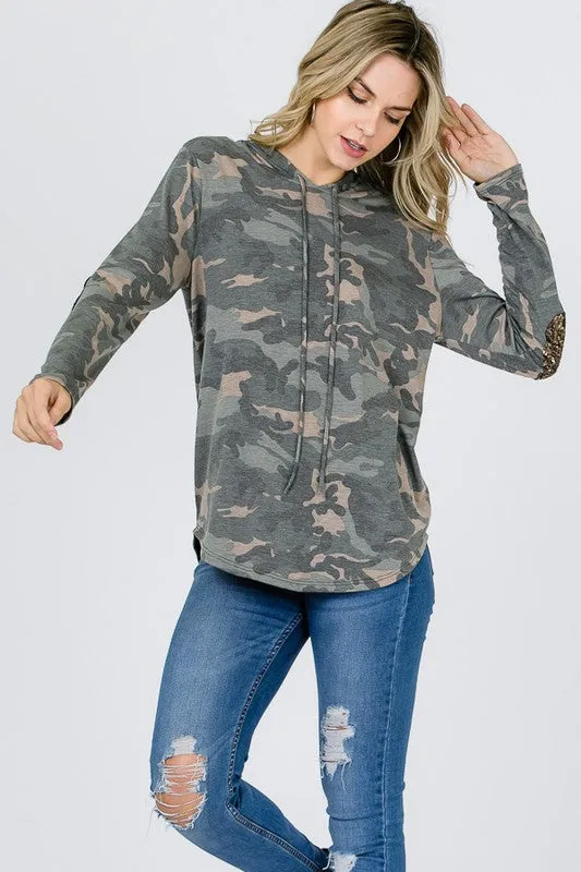 Camo Hoodie With Sequined Elbow Patches - Olive