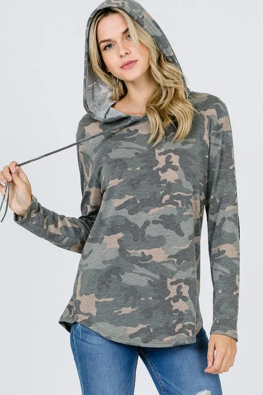 Camo Hoodie With Sequined Elbow Patches - Olive