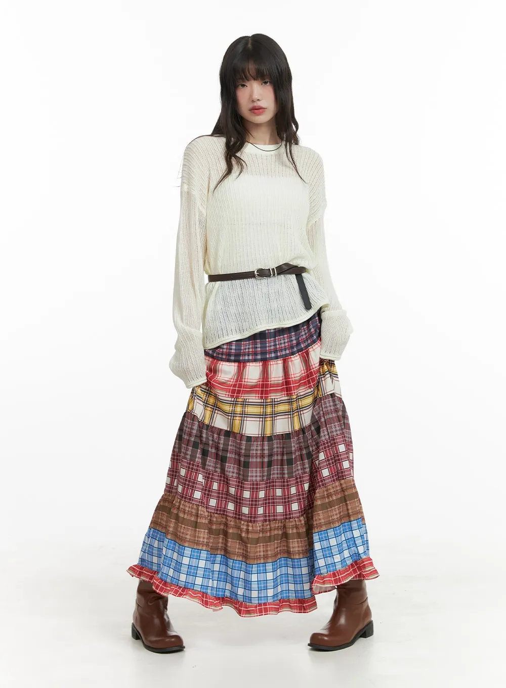 Checkered Ruffle Patchwork Maxi Skirt CA411