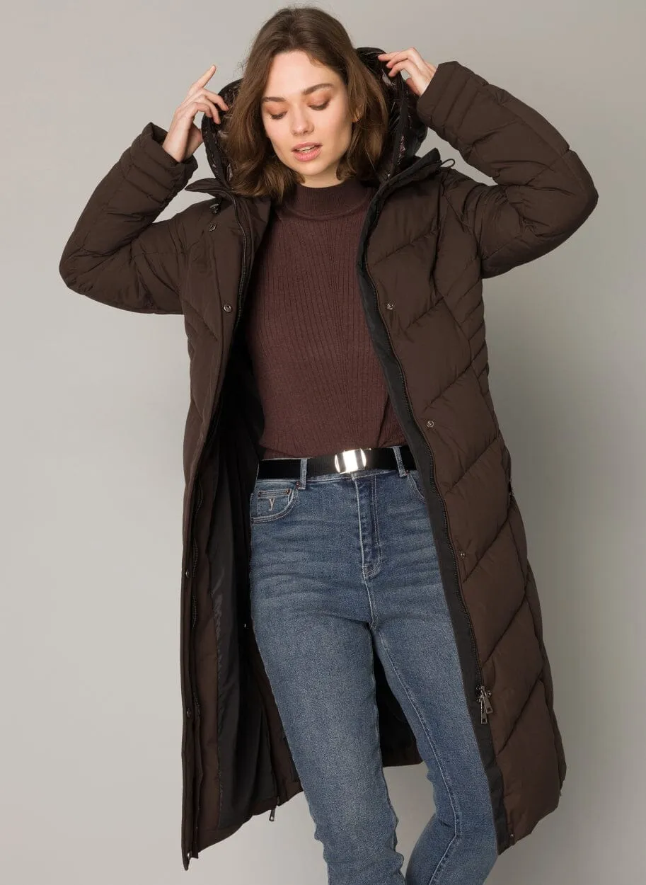 CHOCOLATE BROWN HOODED PUFFER COAT