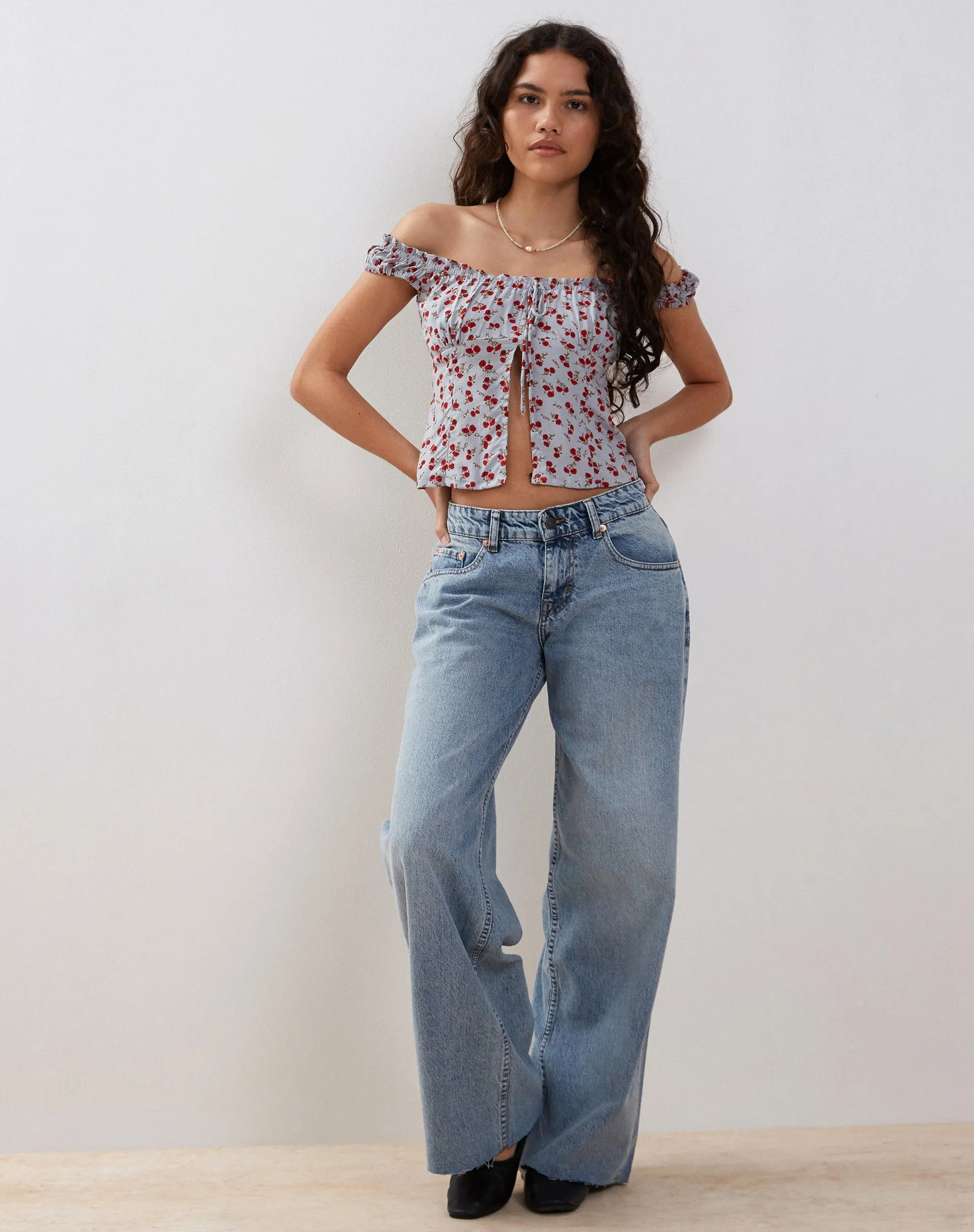 Citra Bardot Frill Top in Blue Floral Ditsy