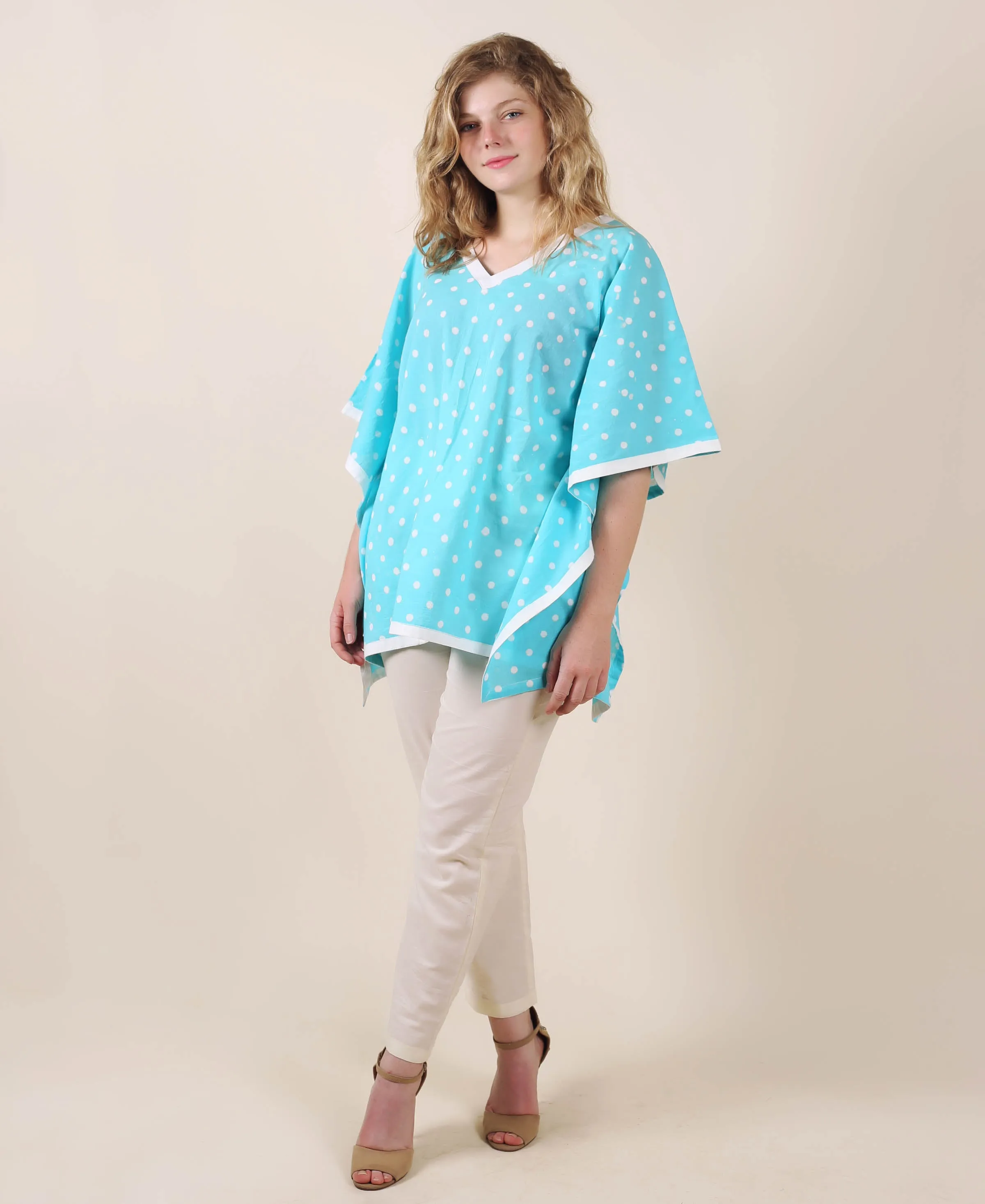 Cotton Aqua Printed Kaftan Top With Trouser