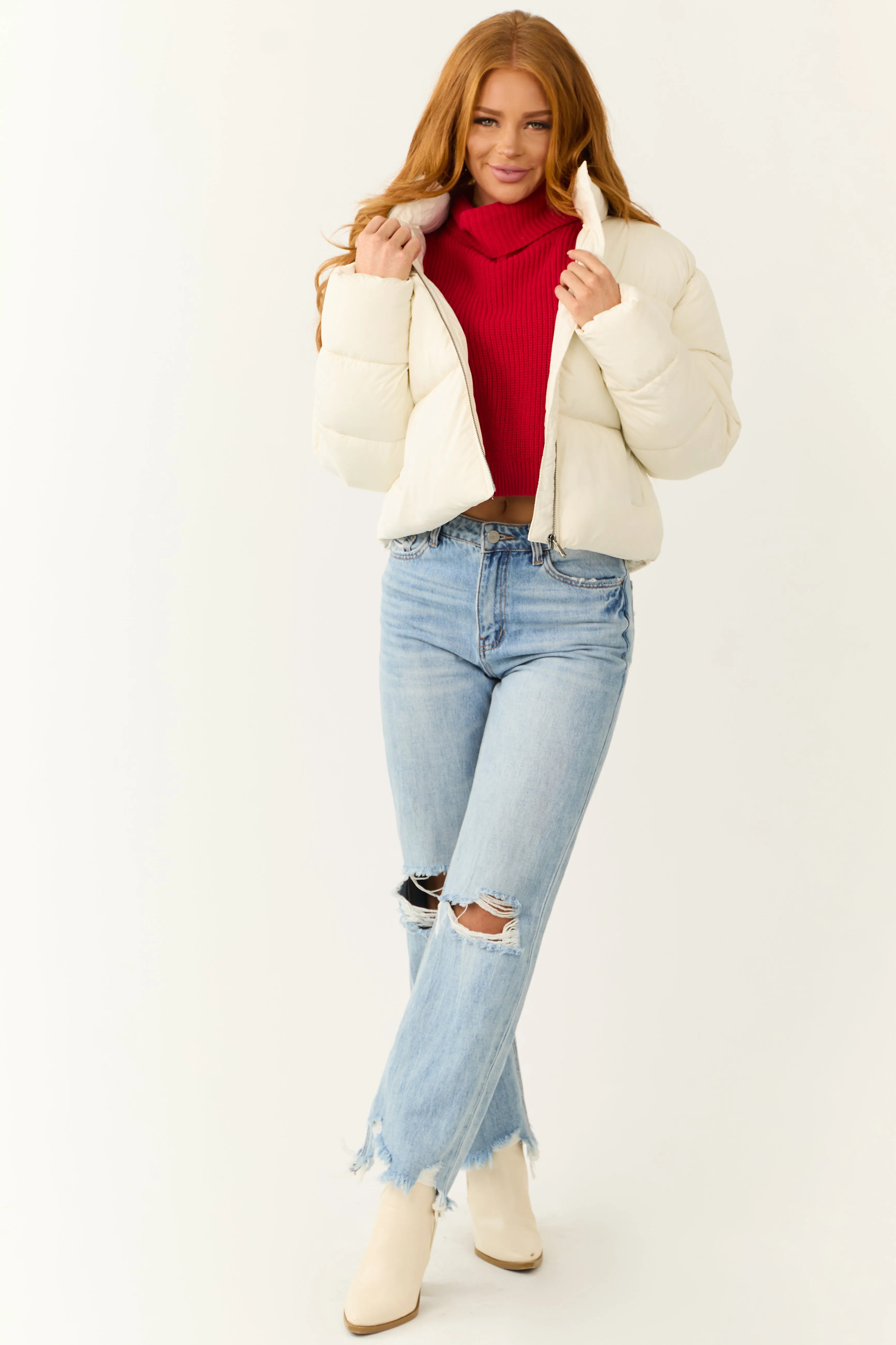 Cream Zip Up Collared Quilted Puffer Jacket