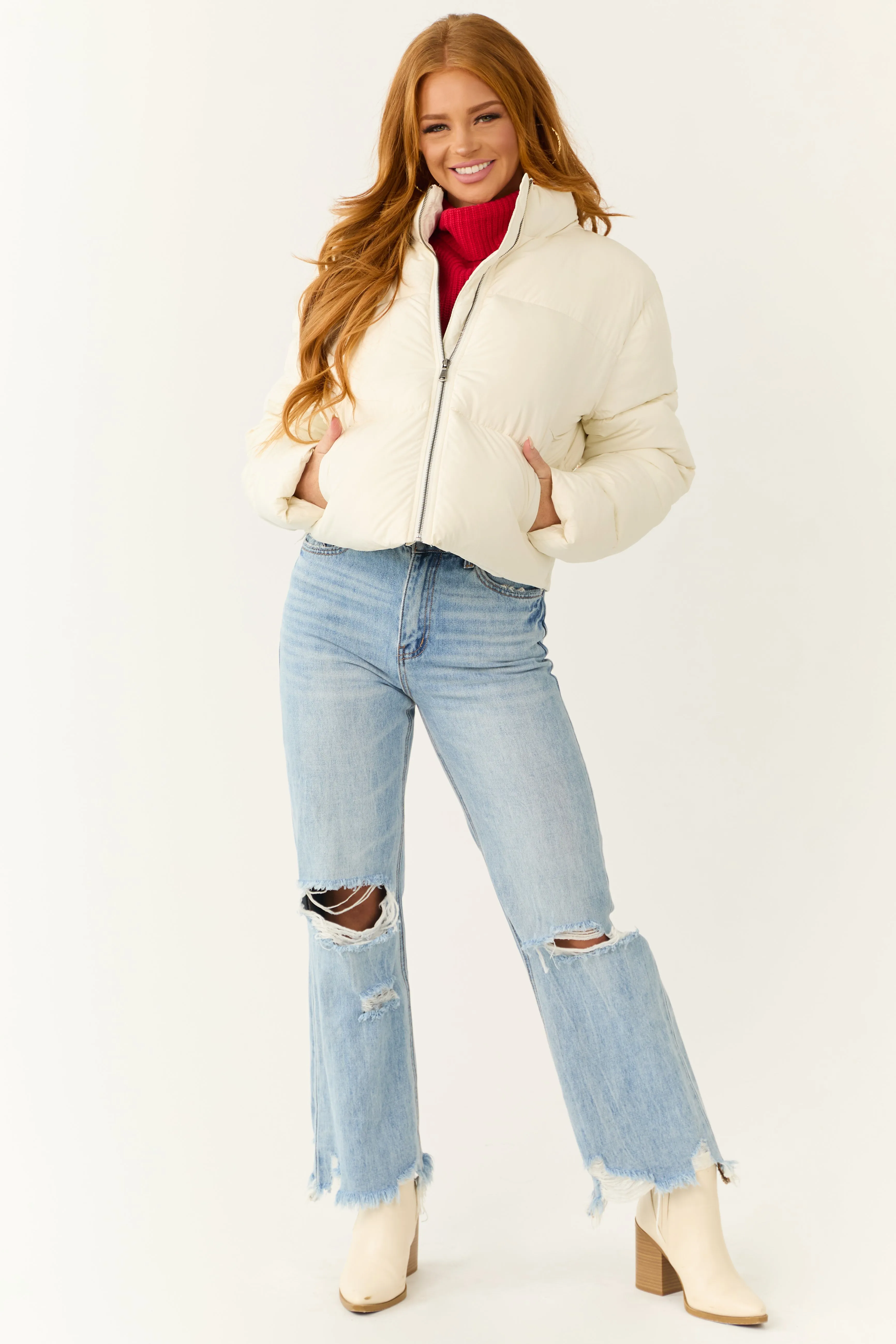 Cream Zip Up Collared Quilted Puffer Jacket