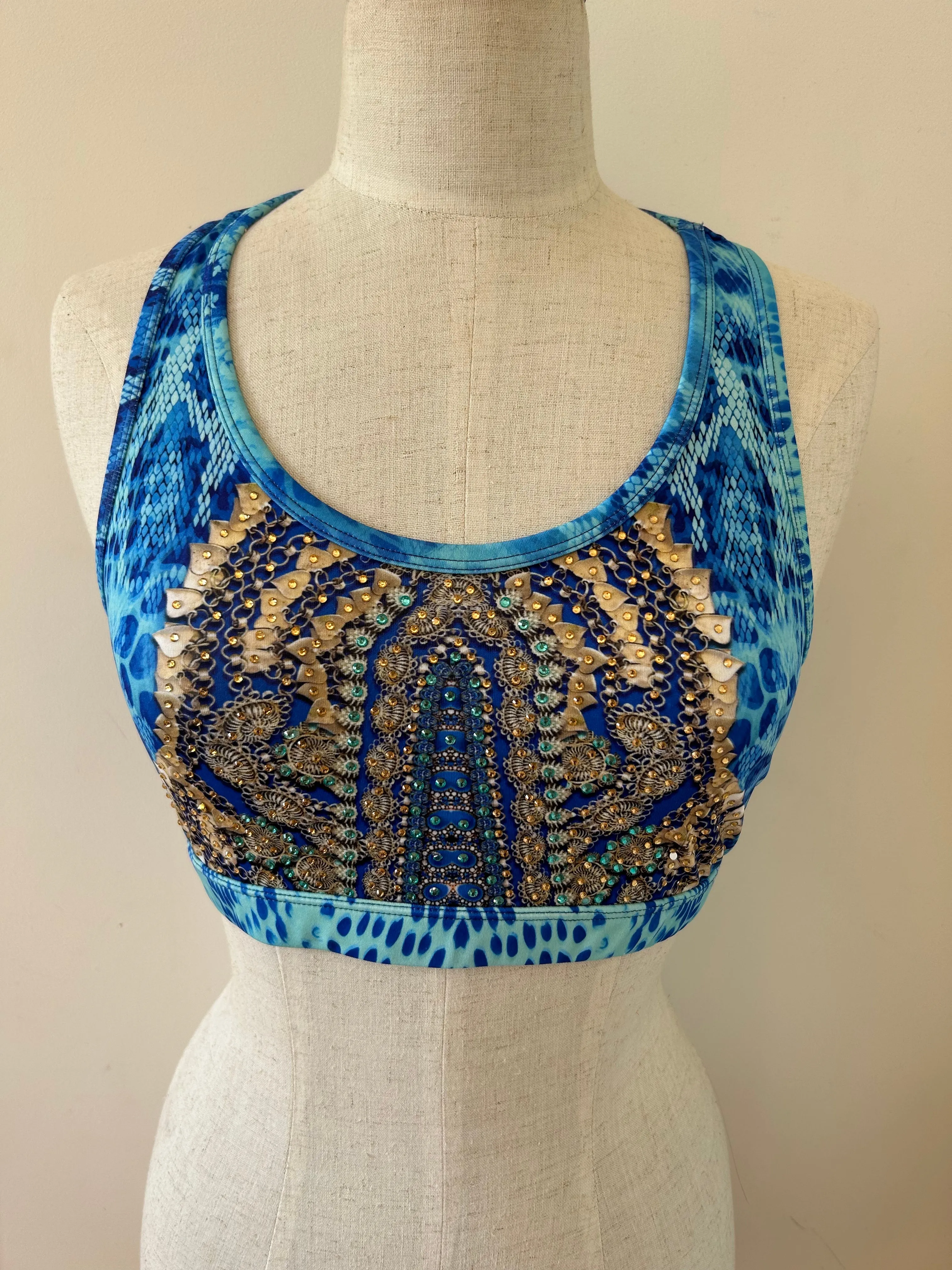 Cropped racer back top blue reptile