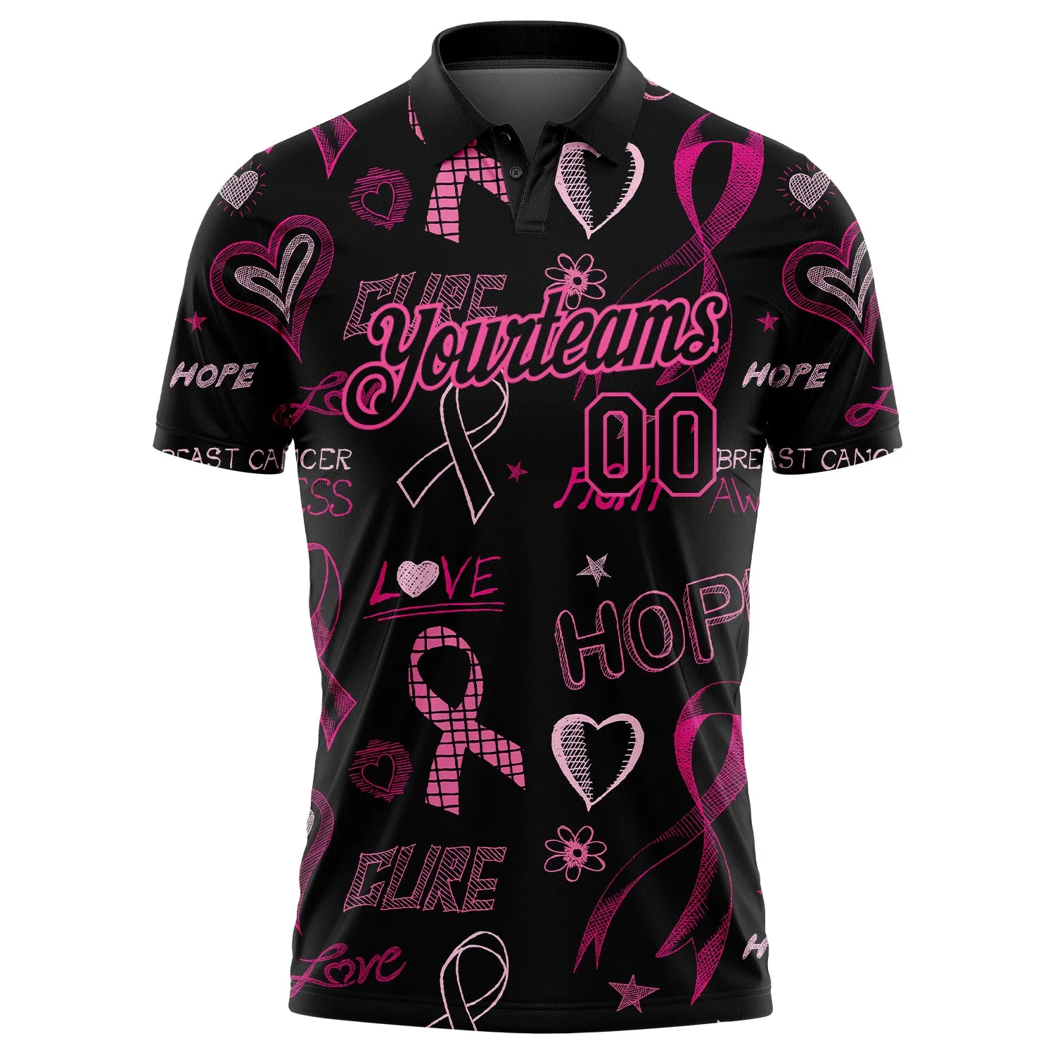 Custom Black Pink 3D Pink Ribbon Breast Cancer Awareness Month Women Health Care Support Performance Golf Polo Shirt