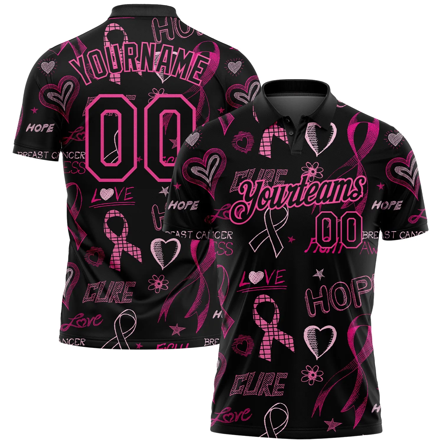 Custom Black Pink 3D Pink Ribbon Breast Cancer Awareness Month Women Health Care Support Performance Golf Polo Shirt