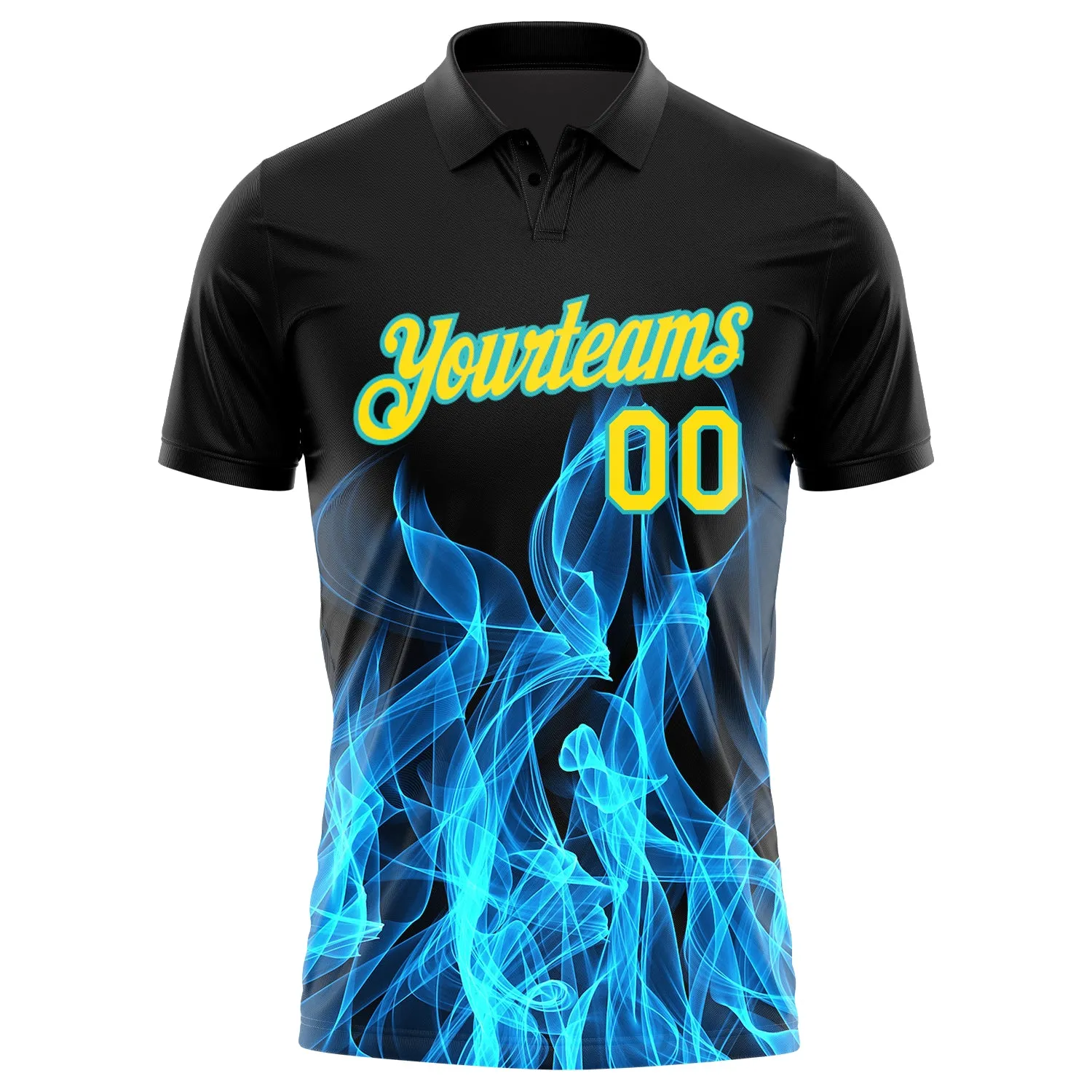 Custom Black Yellow-Teal 3D Pattern Design Flame Performance Golf Polo Shirt