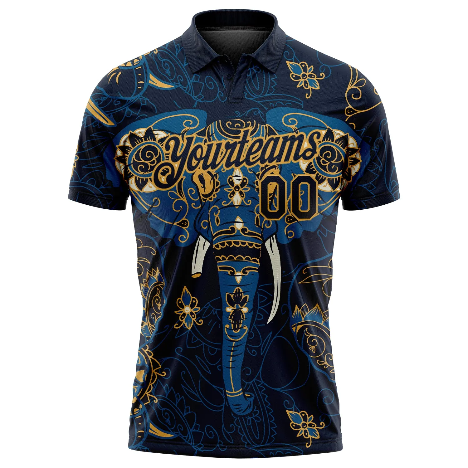 Custom Navy Old Gold 3D Pattern Design Elephant Performance Golf Polo Shirt