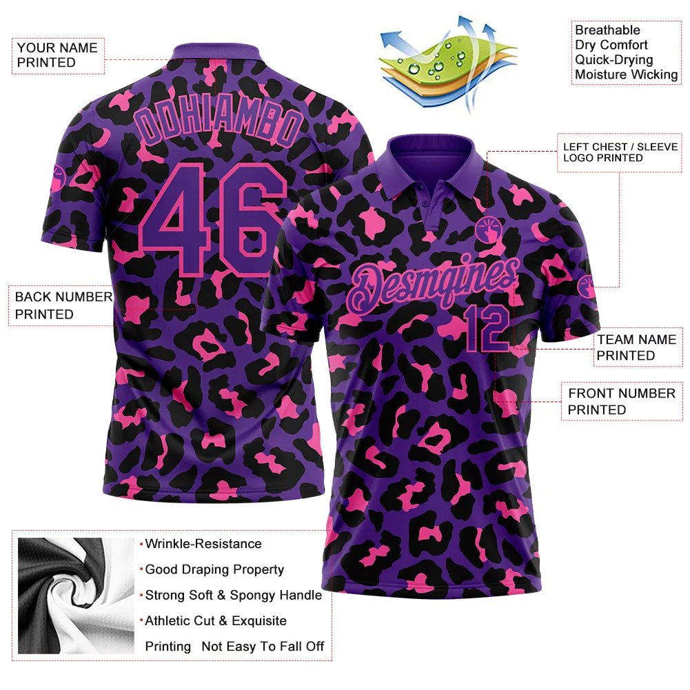 Custom Purple Pink 3D Pattern Design Leopard Print Performance Golf Polo Shirt