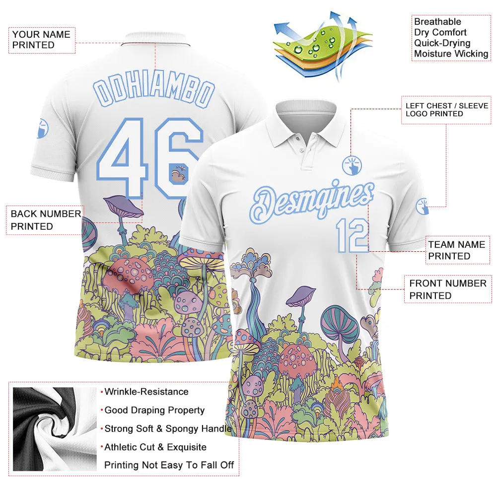 Custom White Light Blue 3D Pattern Design Colorful Flowers And Mushrooms Psychedelic Hallucination Performance Golf Polo Shirt