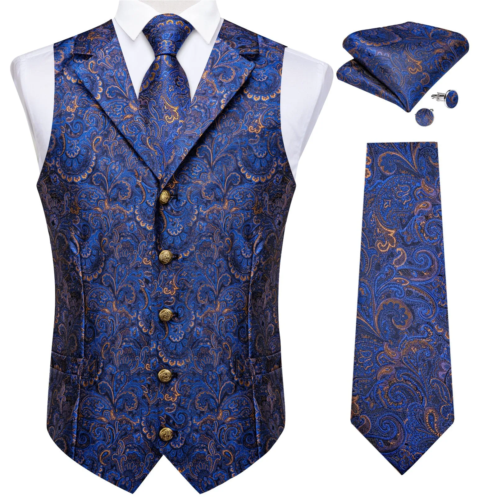 Dark Blue Yellow Luxury Paisley Jacquard Men's Collar Vest Tie Hanky Cufflinks Suit Set