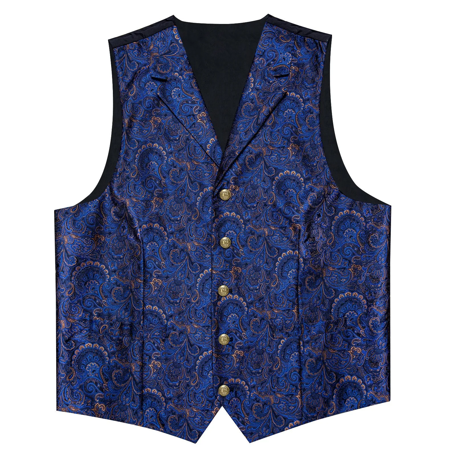 Dark Blue Yellow Luxury Paisley Jacquard Men's Collar Vest Tie Hanky Cufflinks Suit Set