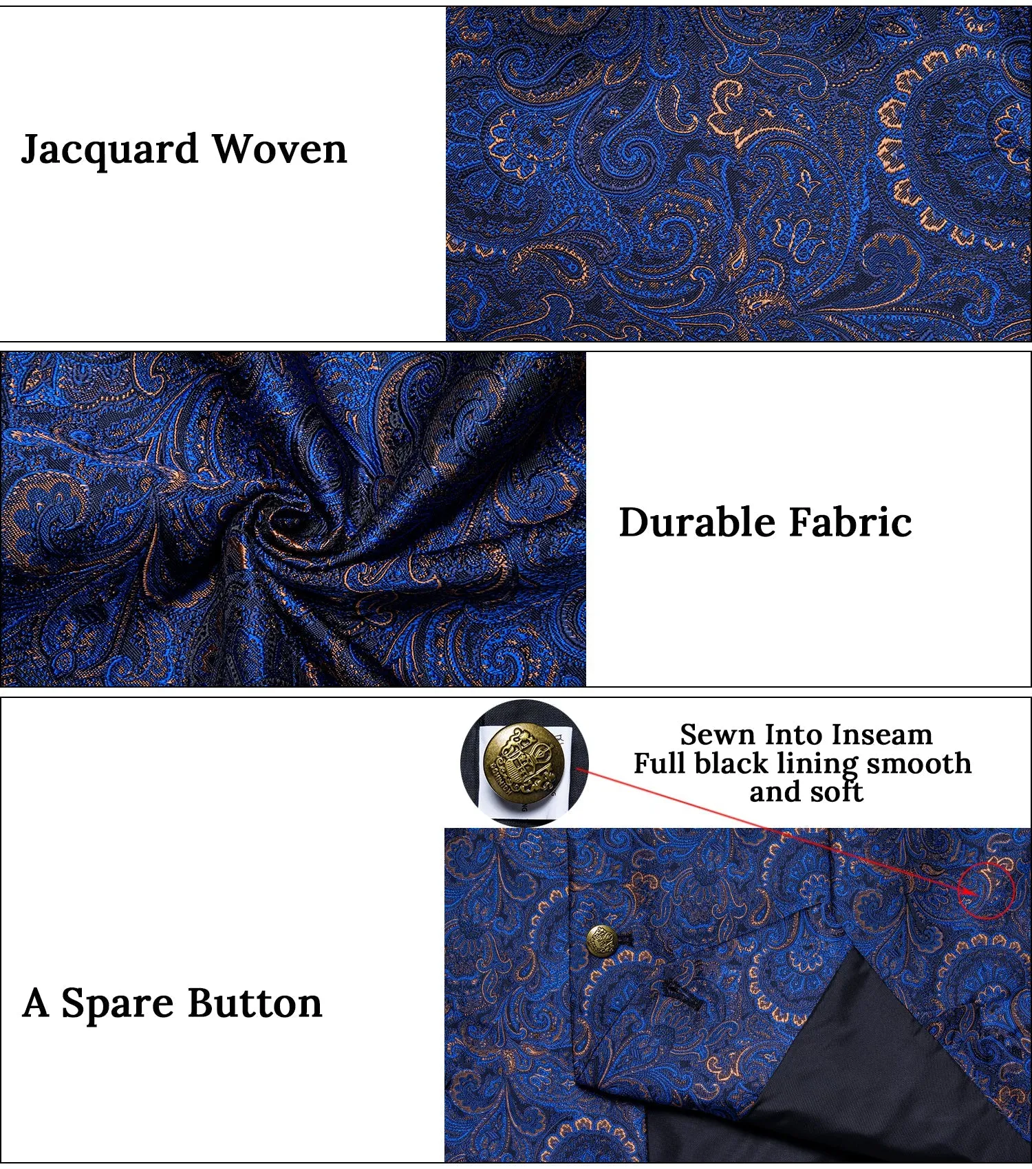 Dark Blue Yellow Luxury Paisley Jacquard Men's Collar Vest Tie Hanky Cufflinks Suit Set